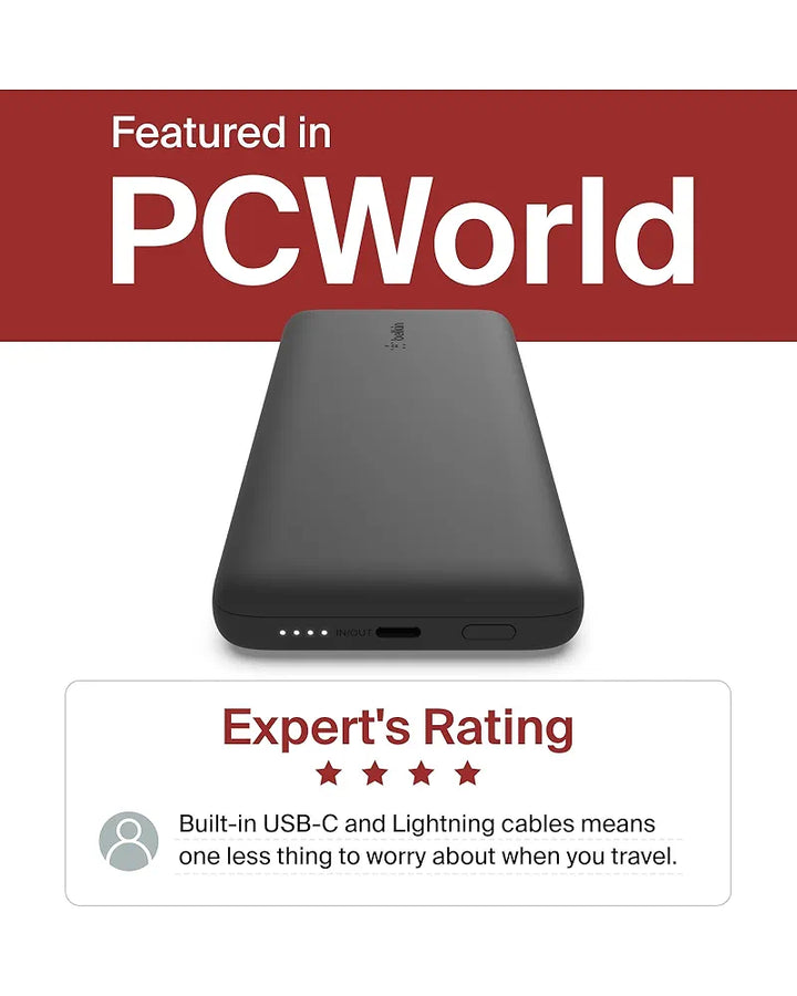 Belkin Portable Charger, Power Bank 10000 mAh, 23W w/Integrated Lightning Cable & USB-C Cable - iPhone Charger Battery Pack for Apple iPhone 16, 15, 14, Galaxy S25, Pixel 9, Travel Essentials - Black