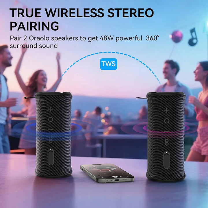 Oraolo Portable Bluetooth Speaker, Wireless Speakers with 24W Loud Stereo Sound, Bluetooth 6.0, RGB Lights, IPX6 Waterproof, Ture Wireless Pairing, 15H Playtime, Speaker for Home Beach Party