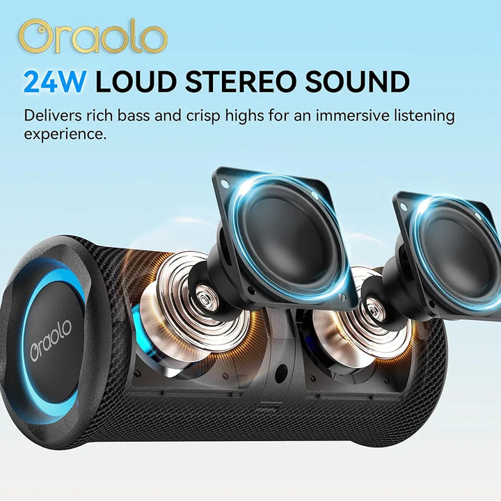 Oraolo Portable Bluetooth Speaker, Wireless Speakers with 24W Loud Stereo Sound, Bluetooth 6.0, RGB Lights, IPX6 Waterproof, Ture Wireless Pairing, 15H Playtime, Speaker for Home Beach Party